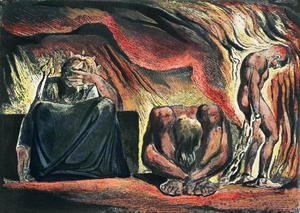 William Blake - Jerusalem The Emanation of the Giant Albion- plate 51 Vala, Hyle and Skofeld, showing the crowned Vala
