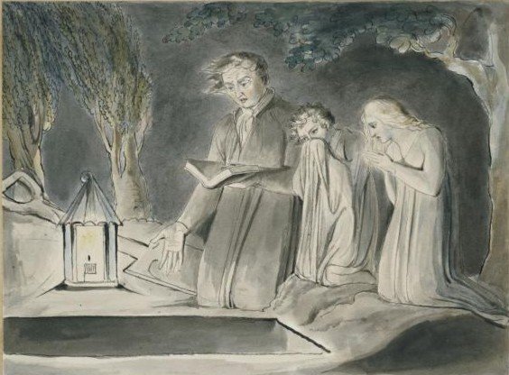 A Father And Two Children Beside An Open Grave At Night By Lantern Light